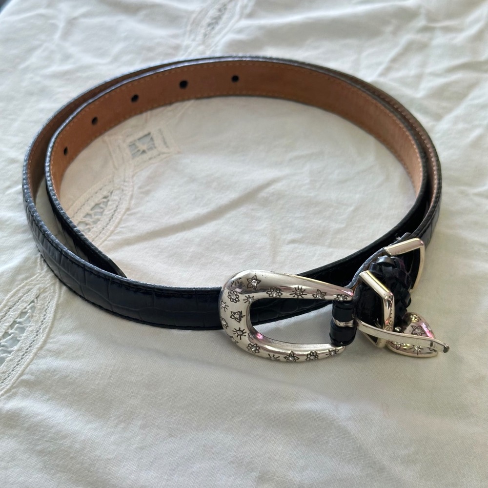Brighton Belt Womens Western Skinny B10483 32 Black Heart Charm Croc Leather VTG